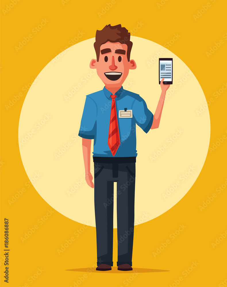 Funny seller with phone. Cartoon vector illustration