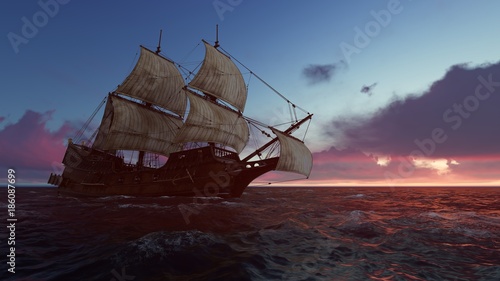 Sailboat at sea in the evening at sunset 3d illustration