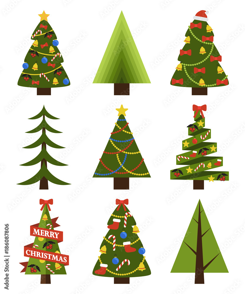 Set of Decorated Christmas Trees Different Shapes