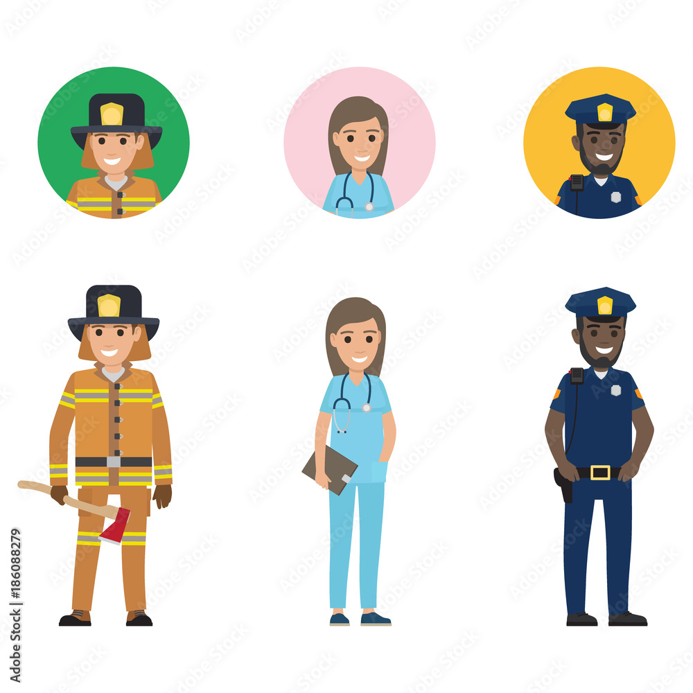 Set of Firefighter, Medical Adviser and Policeman Set of Firefighter, Medical Adviser and Policeman