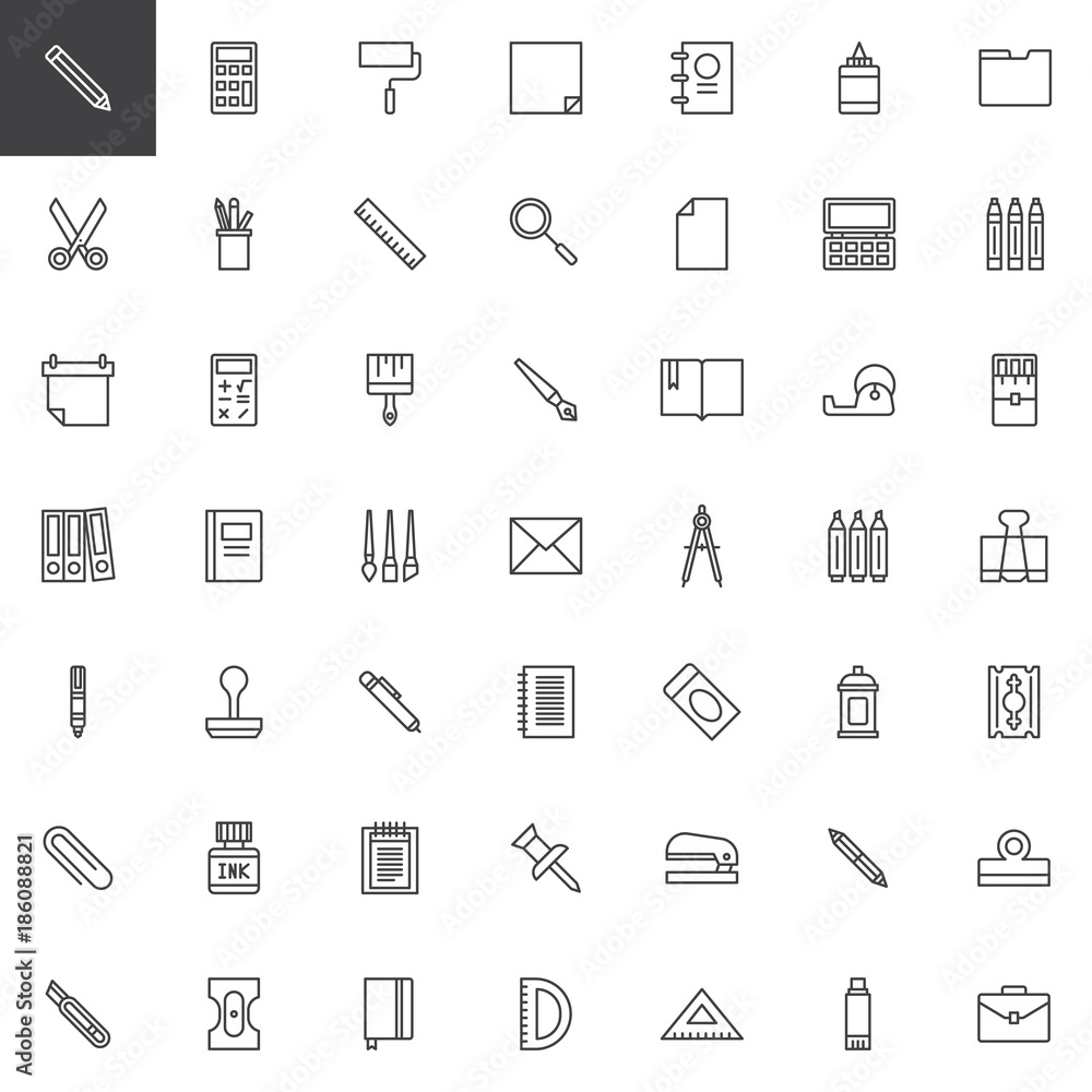 Office stationery line icons set, outline vector symbol collection, linear style pictogram pack. Signs, logo illustration. Set includes icons as pencil, calculator, calendar, notebook, sharpener Office stationery line icons set, outline vector symbol collection, linear style pictogram pack. Signs, logo illustration. Set includes icons as pencil, calculator, calendar, notebook, sharpener