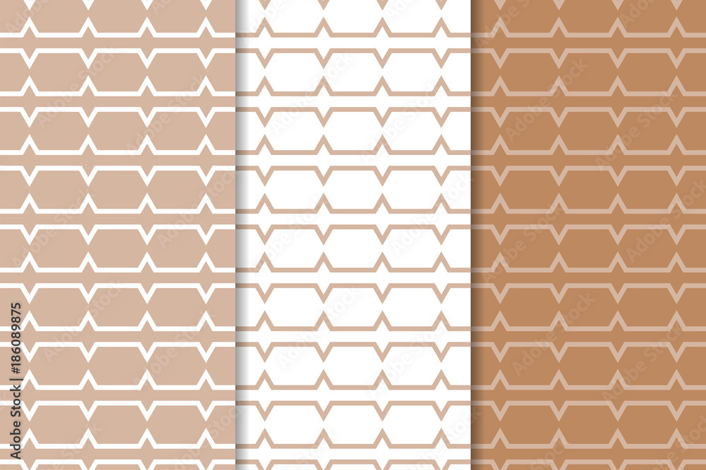 Naklejka premium Brown and white geometric ornaments. Set of seamless patterns