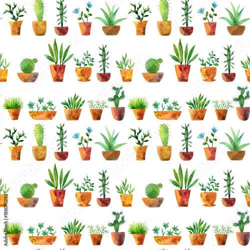 seamless pattern with watercolor drawing home plants