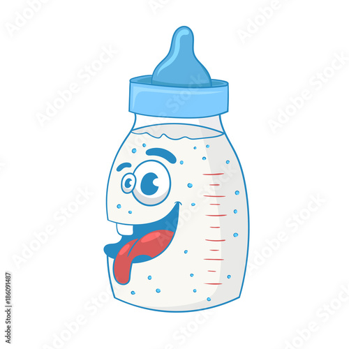 cartoon baby bottle with food, vector illustration