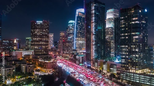 Cinematic urban aerial time lapse of downtown Los Angeles at night. photo