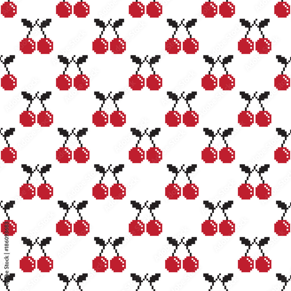 Cherry Seamless Pattern fruit isolated Pixel illustration Vector wallpaper  background white & red Stock Vector | Adobe Stock
