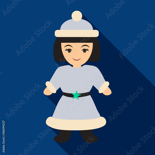 Flat icon with shadow Snow Maiden . Beautiful girl wearing long coat with white fur.