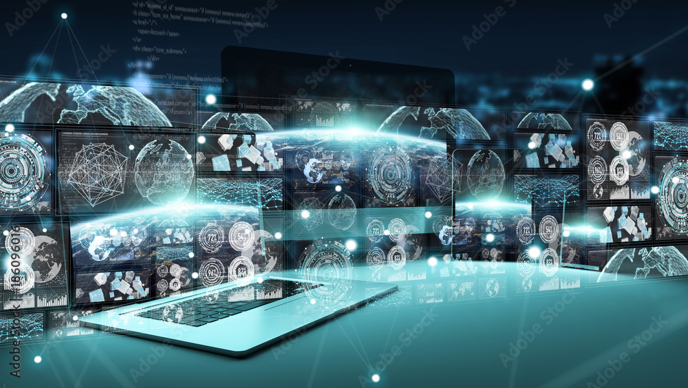Hologram interface in front of modern devices 3D rendering Hologram interface in front of modern devices 3D rendering