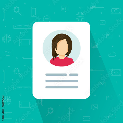 Personal info icon vector illustration isolated, flat cartoon style of user or profile card details symbol, my account pictogram idea, identity document with person photo and text