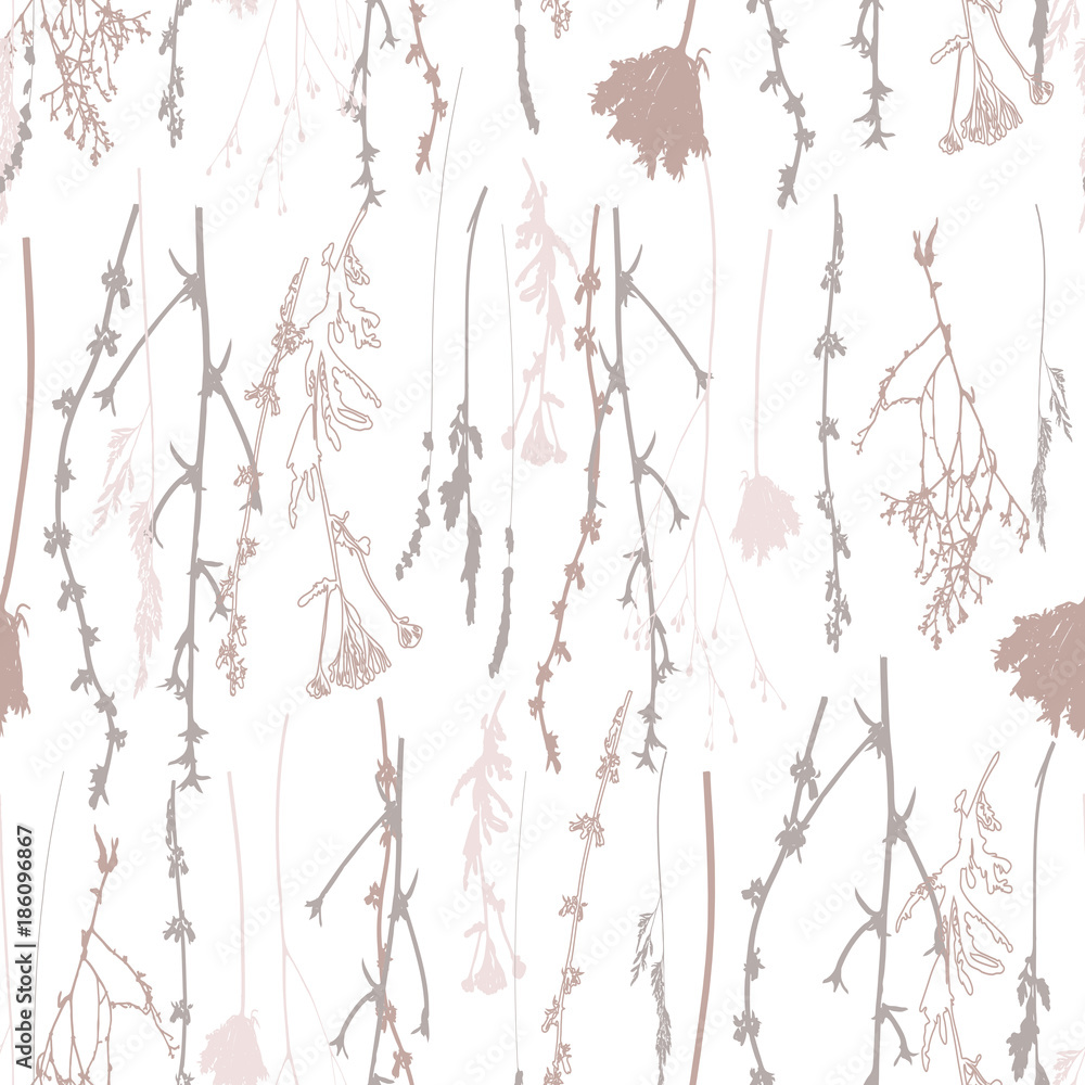 Meadow grasses, herbs and flowers outlines vector seamless pattern.