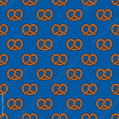 Pretzel cookie baked snack doodle vector seamless pattern isolated wallpaper background  blue