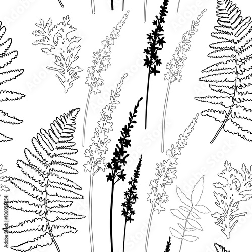 Floral vector seamless pattern with different hand drawn leaves, wild flowers...