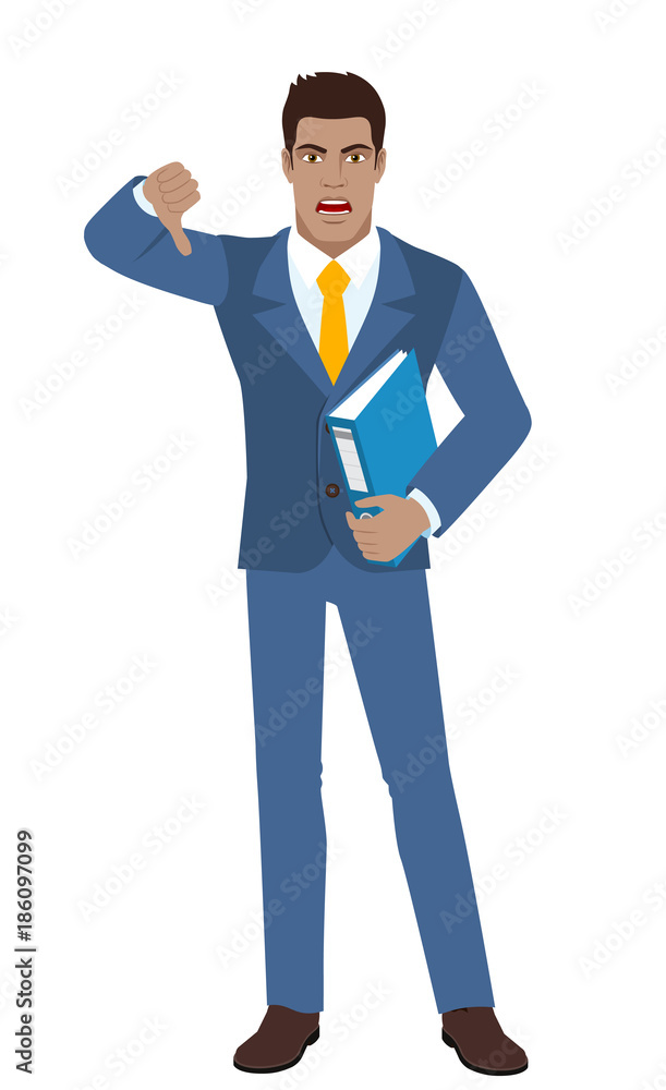 Businessman holding a folder and showing thumb down gesture as rejection symbol Businessman holding a folder and showing thumb down gesture as rejection symbol