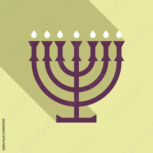Menorah 9 candle candelabrum vector illustration. Holiday of Hanukkah element. Jewish symbol for celebration of Chanukah or Festival of Lights. Feast of Dedication lamp icon or festivity item.