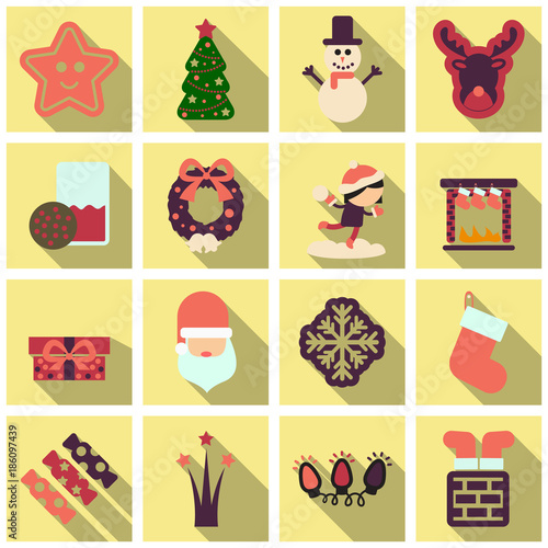 Set of winter New Year and Christmas icons in flat style with shadow