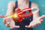 Businesswoman holding and touching a rocket 3D rendering
