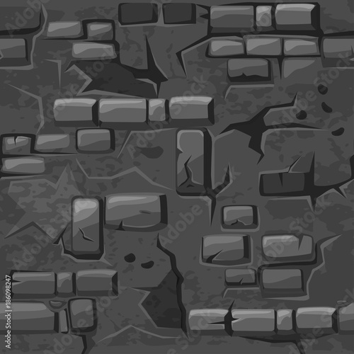 Cartoon seamless pattern texture old crack Grey brick wall, vector background