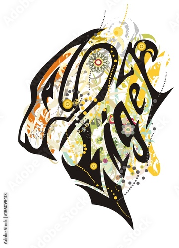 Fototapeta Naklejka Na Ścianę i Meble -  Tribal tiger head text colorful pattern. Stylization of the growling tiger head in the form of text writing in grunge style