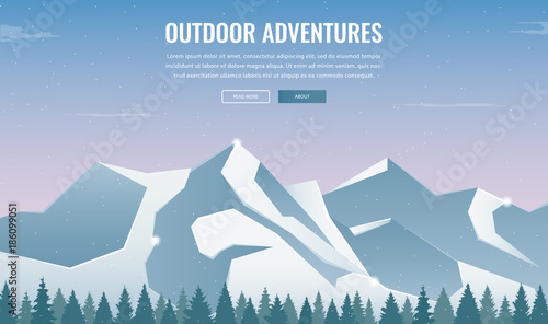 Landscape with mountain peaks. Winter sport vacation and outdoor recreation. Concept website template. Vector