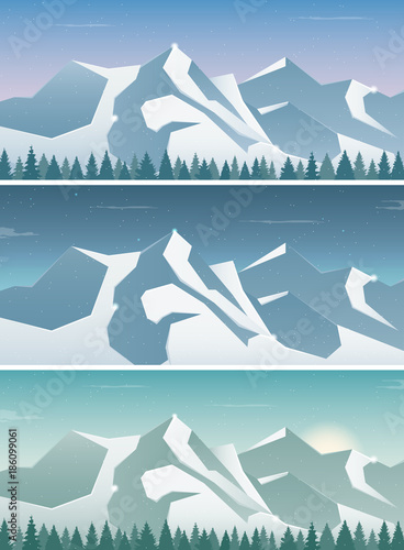 Three snowy landscapes banner with wild nature, mountains and snow trees. Winter holidays. Vector 