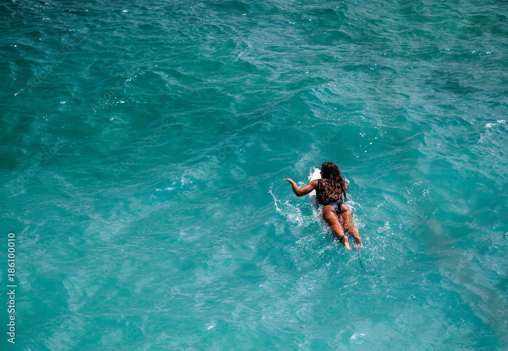Beautiful fit surfer girl paddling out in crystal clear blue water of the Indian ocean at Uluwatu beach, Bali, Indonesia. Copy space 