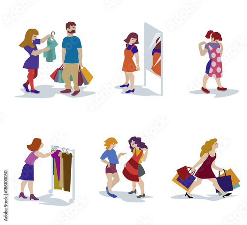 Vector illustration of People in clothing store bei try-on. Characters set.