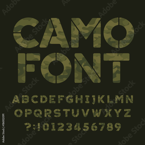 Camo alphabet font. Type letters and numbers on a dark green background. Vector typography for your design.