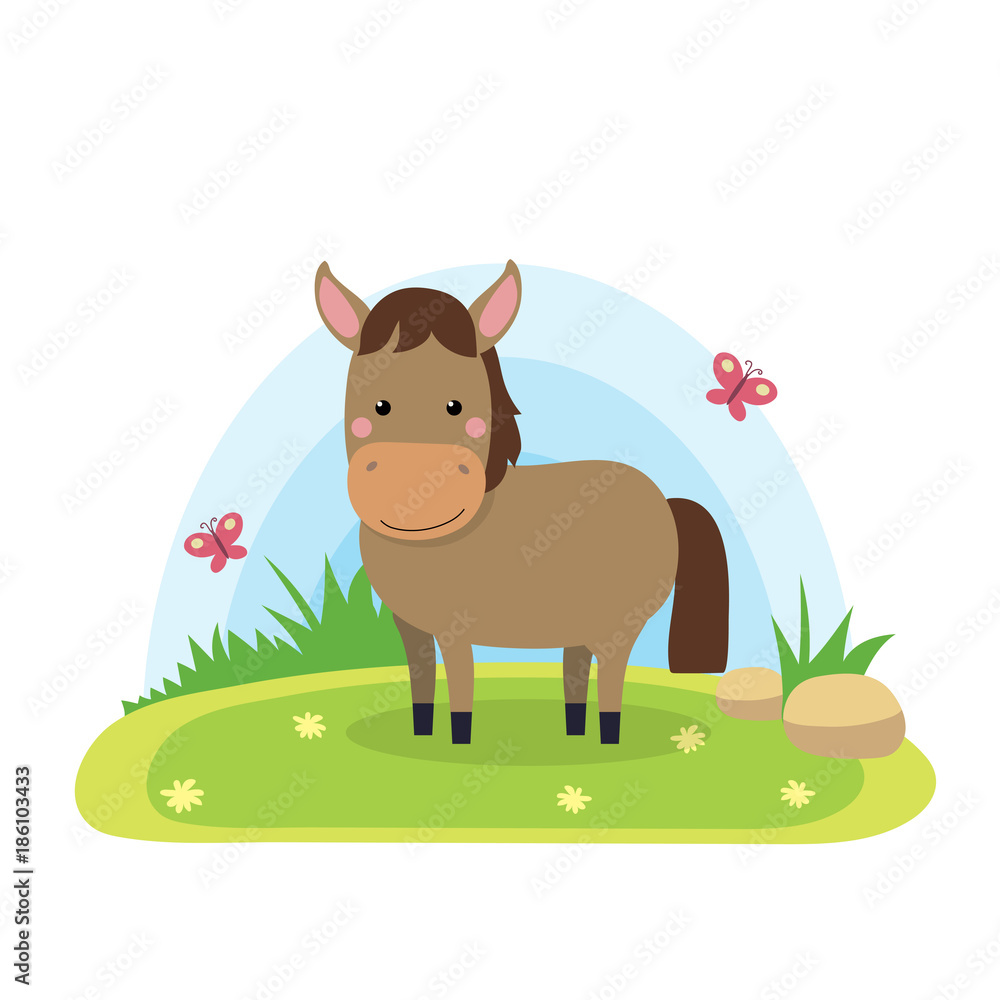 Farm animals with landscape - cute cartoon vector illustration with ...