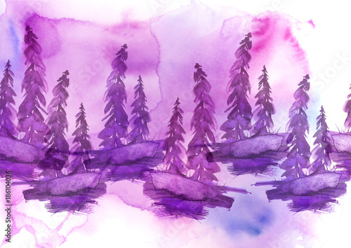 Watercolor drawing - forest landscape, spruce, pine, slope. Pink, lilac on a white background.