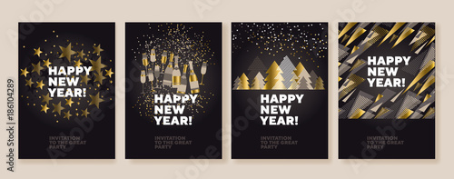 Concept luxury xmas design for header, banner, card, poster, invitation. Gold, white and black Christmas and new year set.