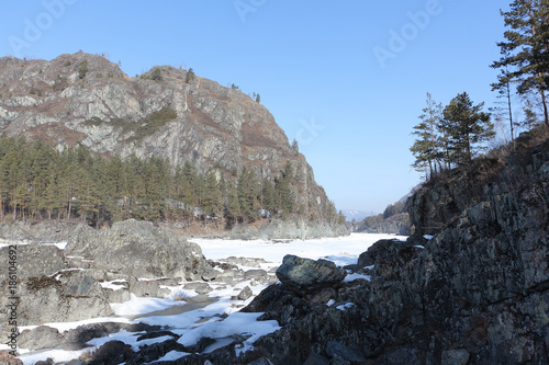 Marble Mount near the frozen Katun River, village Chemal, Altai, Russia