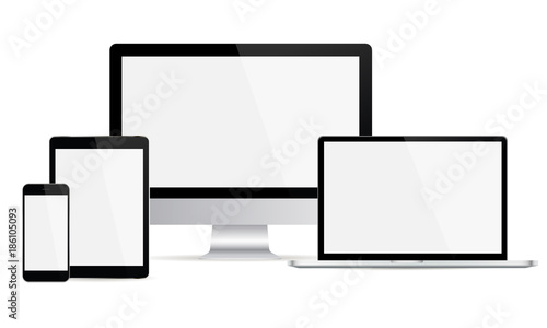 Set of devices with blank screens: computer monitor, laptop, smartphone, tablet. Mockups to showcase website design project in modern style. Vector illustration