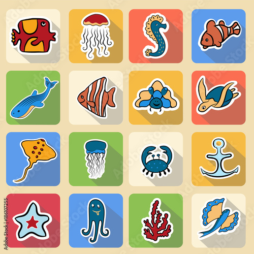 Set of colored icons, inhabitants of the underwater world
