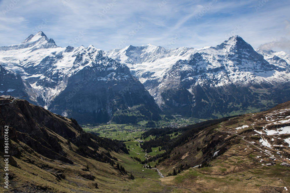 Ausblick auf Grindelwald mit Schreckhorn und Eiger