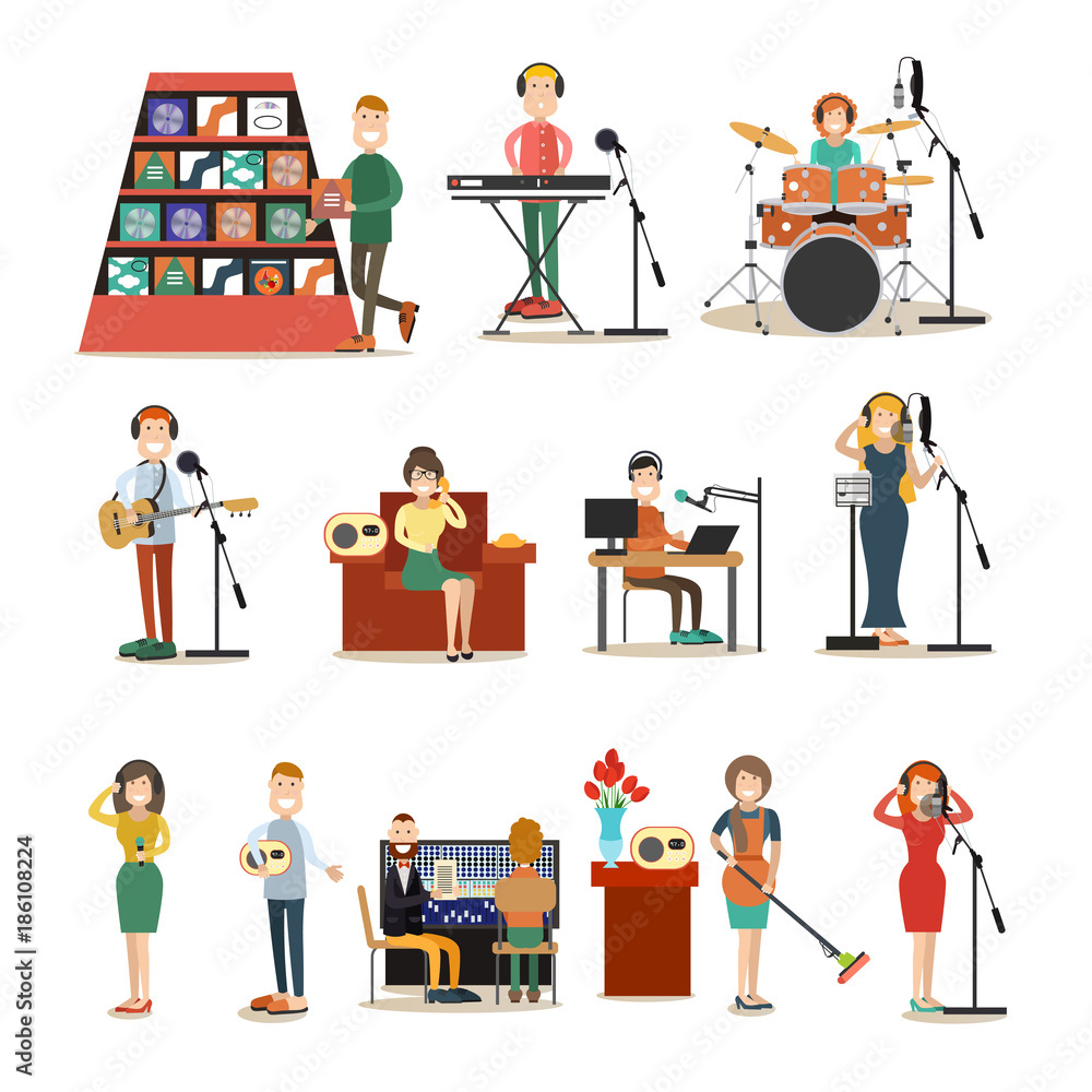 Obraz premium Radio people vector flat icon set