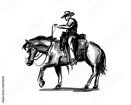 Vector ink sketch a cowboy on a horse