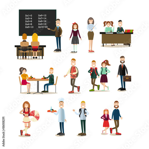 School people vector flat icon set