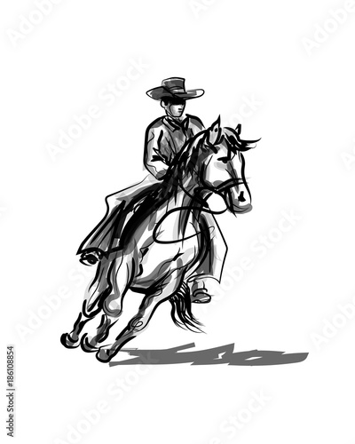 Vector ink sketch a cowboy on a horse