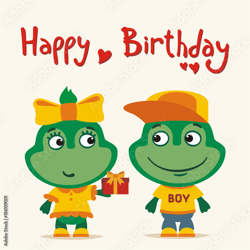 Happy birthday! Greeting card: funny frog girl gives gift to boy frog for birthday.
