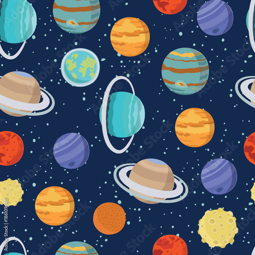 Childish seamless space pattern with astronaut, Earth, saturn, UFO, rockets and stars