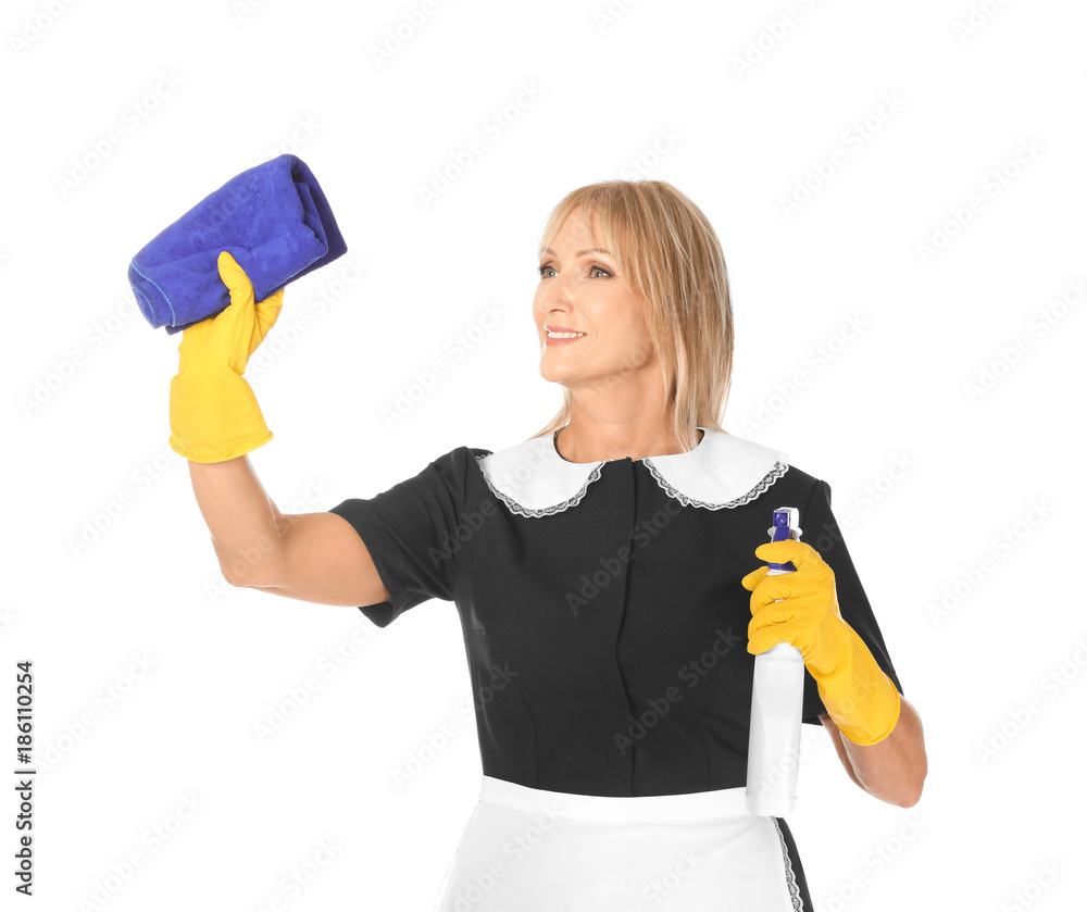 Mature charwoman with bottle of detergent and rag on white background Mature charwoman with bottle of detergent and rag on white background