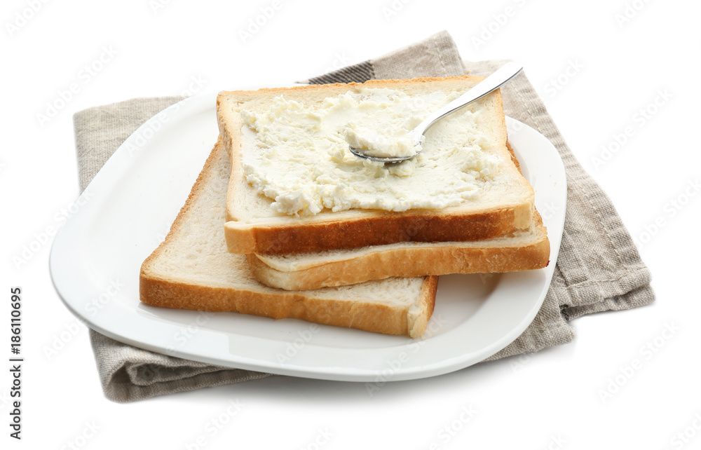Plate with tasty toasts and cheese, isolated on white Plate with tasty toasts and cheese, isolated on white