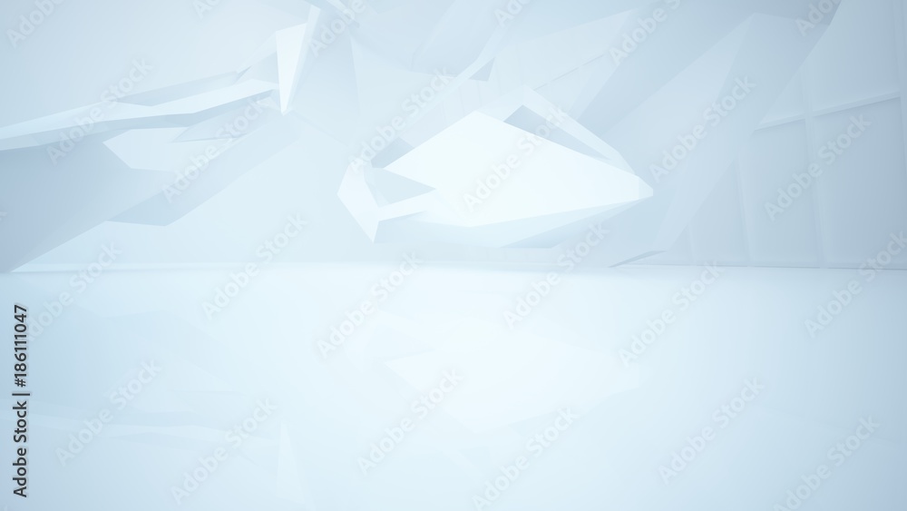 Abstract white interior multilevel public space with window. 3D illustration and rendering.