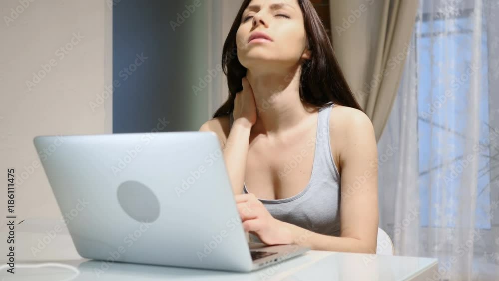 Tired Woman, Girl Relaxing Muscles, while Working on Laptop, Stairs Tired Woman, Girl Relaxing Muscles, while Working on Laptop, Stairs