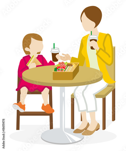 Mother and Daughter have a lunch with a cafe table