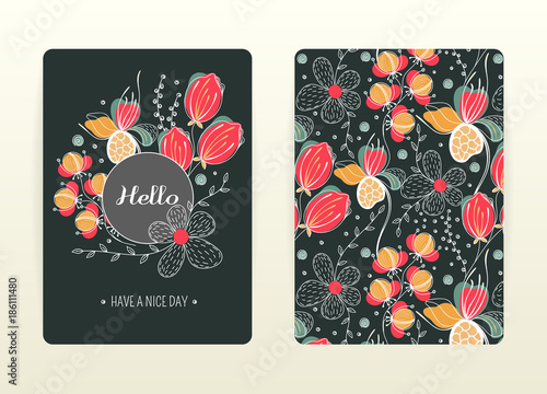 Cover design with floral pattern. Hand drawn creative flowers. Colorful artistic background with blossom. It can be used for invitation, card, cover book, notebook. Size A4. Vector illustration, eps10