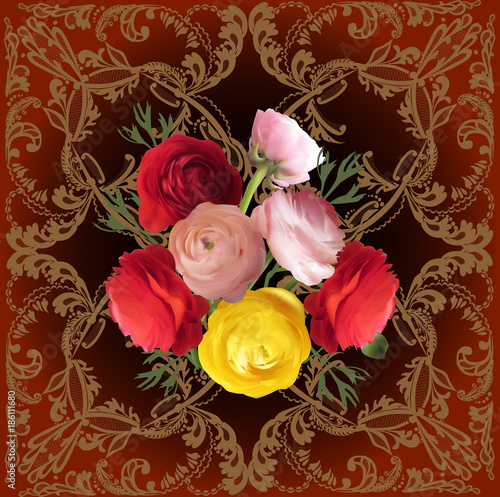 seven rose flowers in decorated brown frame