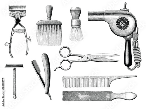 Vintage barbershop tools hand drawing engraving style