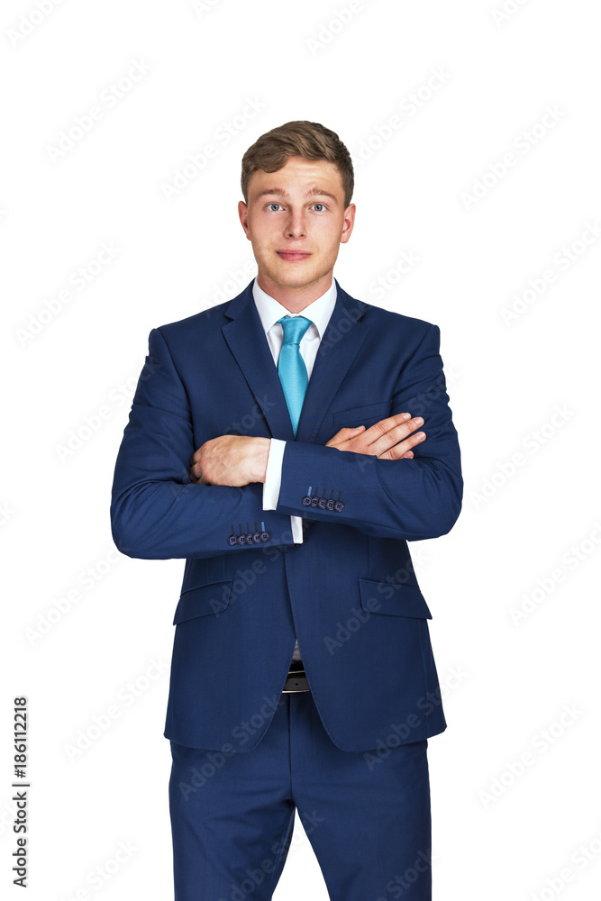 Business, people and office concept - happy smiling businessman in blue suit isolated on white, crossed arms.