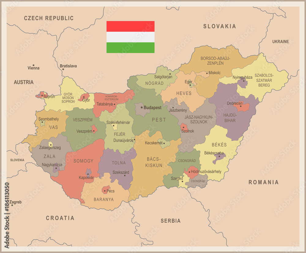 Obraz premium Hungary - vintage map and flag - Detailed Vector Illustration